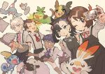  2girls 3boys :o :q alcremie alcremie_(strawberry_sweet) bangs bede_(pokemon) blush bow bowtie brown_eyes brown_hair brown_shorts closed_mouth collared_shirt commentary curly_hair dark_skin dark_skinned_male dress eyebrows_visible_through_hair eyelashes fork gen_4_pokemon gen_8_pokemon glass gloria_(pokemon) green_eyes grey_eyes grookey hair_ribbon hand_up hatenna highres holding holding_tray hop_(pokemon) index_finger_raised long_sleeves marnie_(pokemon) morpeko morpeko_(full) multiple_boys multiple_girls napkin neck_ribbon open_mouth pink_neckwear pokemon pokemon_(creature) pokemon_(game) pokemon_swsh purple_neckwear rata_(m40929) red_neckwear red_ribbon ribbon rotom rotom_phone saucer scorbunny shirt short_hair short_sleeves shorts smile sobble starter_pokemon_trio suspenders sweatdrop swept_bangs teeth tongue tongue_out tray victor_(pokemon) wooloo |d 