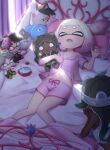  2girls alarm_clock bed bob_cut callie_(splatoon) character_doll clock closed_eyes commentary crop_top curtains dark_skin dark_skinned_female domino_mask dust_particles gradient_hair green_hair head_rest headband highres holding holding_stuffed_toy jellyfish_(splatoon) judd_(splatoon) kneeling li&#039;l_judd_(splatoon) long_hair looking_at_another lying marie_(splatoon) mask mole mole_under_mouth multicolored_hair multiple_girls navel on_back on_bed open_mouth pajamas pink_hair pink_shirt pink_shorts saliva shinako shirt short_hair short_sleeves shorts sleeping sleepwear sleeveless sleeveless_shirt splatoon_(series) splatoon_1 splatoon_2 splatoon_2:_octo_expansion stuffed_toy suction_cups sunlight white_hair white_headband white_shirt 