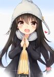  1girl :d bangs beanie black_hair black_jacket blue_background blush brown_eyes brown_shirt eyebrows_visible_through_hair gradient gradient_background grey_headwear hair_between_eyes hands_up hat hatsushimo_(kantai_collection) heart highres hood hood_down hooded_jacket jacket kantai_collection long_hair long_sleeves looking_at_viewer open_clothes open_jacket open_mouth ribbed_shirt shirt smile solo sou_(soutennkouchi) steepled_fingers very_long_hair white_background 