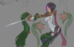  1girl angry armor black_hair blue_eyes blush fiora_laurent league_of_legends mayhem_art multicolored_hair plant rapier restrained skin_tight sword tentacles torn_clothes two-tone_hair weapon 