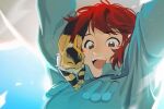  1girl :d animal animal_on_shoulder arms_up bangs blurry blurry_background close-up collar eyebrows_visible_through_hair highres kaze_no_tani_no_nausicaa long_sleeves looking_down maro_(lij512) nausicaa one_eye_closed open_mouth red_hair short_hair smile solo 