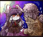  2girls animal_ears beige_jacket black_jacket blazer blue_background blush bunny_ears bunny_tail crescent crescent_pin crying crying_with_eyes_open dress feathered_wings flying_sweatdrops grey_hair hand_up jacket kishin_sagume letterboxed long_hair long_sleeves looking_at_another multiple_girls necktie pink_skirt purple_dress purple_hair rabbit_girl red_eyes red_neckwear reisen_udongein_inaba shirt short_hair single_wing skirt squatting suenari_(peace) tail tears touhou upper_body wavy_mouth white_shirt wings younger 
