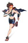  1girl absurdres alternate_costume bare_shoulders brown_eyes brown_hair cape chest_harness commentary english_commentary flag flag_print full_body goggles harness headband highres looking_away maro_(lij512) midriff navel overwatch parted_lips red_footwear red_headband running shoes short_hair shorts simple_background smile sneakers solo spiked_hair stomach tracer_(overwatch) union_jack white_background 