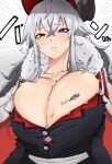  azur_lane blouse blush breasts bursting_breasts cape cleavage cleavage_cutout clothing_cutout collarbone eyebrows_visible_through_hair fur_collar fur_trim graf_zeppelin_(azur_lane) hair_between_eyes highres huge_breasts large_breasts long_hair messy_hair neinlol popped_button red_eyes silver_hair sweat white_background 