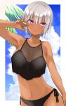  1girl arm_up bangs bikini black_bikini blue_sky blush bob_cut breasts closed_mouth cloud cloudy_sky commentary dark_skin dark_skinned_female day frown gomashi_(goma) haimiya_kei halterneck ice_cream_mad_labo large_breasts looking_at_viewer navel outdoors outline outside_border palm_tree purple_eyes side-tie_bikini silver_hair sky solo standing swimsuit tree virtual_youtuber white_outline 