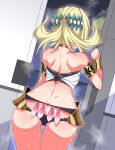  1girl armlet ass bare_back bare_shoulders black_panties blonde_hair blue_eyes blurry blurry_background bracer castor_(fate) choker condom diadem fate/grand_order fate_(series) from_behind hand_up highres looking_at_another medium_hair panties pollux_(fate) s_ryouchi sidelocks sleeveless solo_focus standing steam sweat sweatdrop thighs underwear used_condom wet 