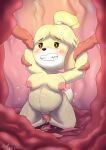  &lt;3 &lt;3_eyes 2020 absurd_res accessory animal_crossing anthro bell belly birth blush bodily_fluids breasts canid canine canis chibi digital_drawing_(artwork) digital_media_(artwork) domestic_dog female flesh_wall fur genital_fluids genitals grin hair hair_accessory hairband hand_grab hi_res isabelle_(animal_crossing) kneeing mammal milk multicolored_body multicolored_fur navel nintendo pregnant pregnant_belly pussy pussy_juice smile solo syst tears tentacles video_games yellow_body yellow_fur 