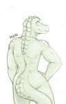  anthro badenov butt chameli_muthupalaniappan crocodilian female hand_on_hip hi_res looking_back nude reptile scalie sketch smile solo teeth 