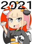  1girl 2021 :d alternate_hair_length alternate_hairstyle animal_ears bangs black_eyes black_kimono blonde_hair blunt_bangs bottle carrying_under_arm chibi chinese_zodiac commentary_request cow_ears eyebrows_visible_through_hair fake_animal_ears food food_on_head fruit fruit_on_head grey_background hand_up happy holding holding_bottle hospital_king japanese_clothes katou_asuka kimono long_sleeves looking_at_viewer mandarin_orange milk milk_bottle number obi object_on_head open_mouth ponytail red_background sash short_hair smile solo stuffed_cow two-tone_background upper_body watashi_ga_motenai_no_wa_dou_kangaetemo_omaera_ga_warui! wide_sleeves year_of_the_ox yellow_sash 