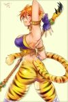  1girl animal_ears arm_up armlet ass back bandages breasts breath_of_fire breath_of_fire_ii cat_ears cat_tail cowboy_shot english_text fingerless_gloves from_behind fur gloves halter_top halterneck highres holding holding_staff looking_back no_panties no_pants orange_eyes orange_hair pixie_cut rinpoo_chuan short_hair simple_background slit_pupils smile solo staff striped tail tusia 