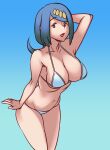  1girl blue_hair breasts cleavage ero_kaeru lana&#039;s_mother_(pokemon) large_breasts long_hair looking_at_viewer mature open_mouth pokemon pokemon_(anime) pokemon_sm_(anime) simple_background smile solo swimsuit 