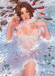  1girl aerith_gainsborough artist_name bow breasts breasts_apart brown_hair cleavage commentary covered_navel covered_nipples dress english_commentary final_fantasy final_fantasy_vii green_eyes hair_bow momo-deary partially_submerged smile solo twitter_username water wet wet_clothes wet_dress 