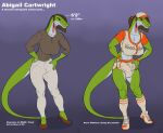  abigail_(wsad) anthro baseball_uniform big_breasts bottomwear box-s breasts brown_eyes brown_hair bulge carolina_anole clothing curvy_figure dactyloid english_text erect_nipples footwear green_body green_skin grey_body grey_skin gynomorph hair hat headgear headwear hi_res hotpants intersex lizard model_sheet muscle_tone muscular muscular_anthro muscular_gynomorph muscular_intersex nipples non-mammal_breasts pants reptile scalie shirt shoes shorts socks solo sportswear straight_hair sweater tank_top text topwear uniform 