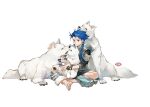  1boy 3others animal blue_hair bodysuit_under_clothes bracelet child crossed_legs cu_chulainn_(fate)_(all) dog earrings fate/grand_order fate/grand_order_arcade fate_(series) guttia holding holding_animal jewelry long_hair long_sleeves multiple_others petting puppy red_eyes setanta_(fate) simple_background sitting white_background white_wolf wolf 