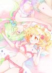  aikatsu!_(series) aikatsu_stars! aqua_bloomers armpit_crease babydoll bare_arms bare_legs bare_shoulders bed_sheet bellflower blonde_hair bloomers blue_eyes blue_ribbon blush bra breasts collarbone commentary detached_sleeves eyebrows_visible_through_hair fetal_position flower flower_panties flower_request four-leaf_clover_necklace frilled_bra frilled_panties frills futaba_aria gradient gradient_hair green_hair hair_flower hair_leaf hair_ornament hair_ribbon highres lingerie lips long_hair looking_at_another low_twintails lying midriff multicolored multicolored_eyes multicolored_hair nail_polish navel nijino_yume on_back on_side orange_eyes panties pink_bra pink_eyes pink_flower pink_hair pink_lips pink_nails pink_panties pink_rose popoin purple_babydoll purple_nails ribbon rose see-through_sleeves sideways_mouth single_sleeve small_breasts smile spaghetti_strap stomach strap_slip thigh_gap twintails underwear underwear_only yuri 
