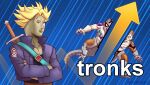  2boys arrow_(symbol) bifurcation blonde_hair blue_eyes blue_jacket business capsule_corp commentary cropped_jacket crossed_arms cyborg dragon_ball dragon_ball_z english_commentary frieza jacket male_focus meme multiple_boys nortuet pun reddit sheath sheathed stonks super_saiyan super_saiyan_1 sword sword_behind_back trunks_(future)_(dragon_ball) weapon 