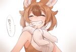  1girl animal_ears bangs blush brown_hair commentary dhole_(kemono_friends) dog_ears dog_girl dog_tail eyebrows_visible_through_hair facing_viewer fur_scarf grin highres isobee kemono_friends kemono_friends_3 messy_hair multicolored_hair scarf shirt short_hair sleeveless sleeveless_shirt smile tail translated two-tone_hair upper_body white_background white_hair white_scarf white_shirt 