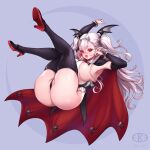  1girl ass blush breasts cross cross_earrings draculina_(last_origin) earrings fake_horns fangs full_body high_heels highres horns huge_breasts jewelry last_origin legs_up looking_at_viewer open_mouth pointy_ears red_eyes ribbed_legwear ribbed_shirt shirt silver_hair smile solo thighhighs toriseru_(thesuperhero) twintails two-tone_cape two_side_up vampire wing_hair_ornament 