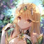  1girl blonde_hair breasts cleavage cleaver elbow_gloves gloves highres jewelry large_breasts luli_ovo mythra_(xenoblade) solo xenoblade_chronicles_(series) xenoblade_chronicles_2 yellow_eyes 