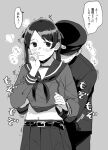  1boy 1girl admiral_(kantai_collection) bangs banned_artist belt blush breath closed_mouth eyebrows_visible_through_hair greyscale hair_ribbon hat hetero kantai_collection lifted_by_another long_hair long_sleeves makio_(makiomeigenbot) mikuma_(kantai_collection) monochrome neckerchief open_mouth pleated_skirt ribbon sailor_collar school_uniform serafuku shirt_lift skirt speech_bubble sweat translation_request twintails wavy_mouth 
