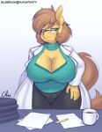  anthro big_breasts breasts brown_hair cleavage cleavage_cutout clothed clothing coat cup curvy_figure equid equine eyewear female fur glasses green_eyes hair horse huge_breasts keyhole_turtleneck lab_coat mammal nekocrispy pencil_(object) smile solo standing sweater topwear turtleneck_sweater voluptuous wide_hips yellow_body yellow_fur 