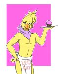  anthro avian bandanna bird chica_(fnaf) chicken cupcake feathers five_nights_at_freddy&#039;s food galliform gallus_(genus) girly hi_res holding_object holding_plate kerchief male neckerchief outline phasianid purple_sclera qunteki solo video_games yellow_body yellow_feathers 
