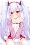  1girl :t animal_ears azur_lane bangs between_legs blush bunny_ears camisole closed_mouth collarbone commentary_request eyebrows_visible_through_hair fur-trimmed_jacket fur-trimmed_sleeves fur_trim hair_between_eyes hairband hand_between_legs jacket laffey_(azur_lane) long_hair long_sleeves looking_at_viewer maccha nipples off_shoulder open_clothes open_jacket pink_jacket pleated_skirt red_eyes red_hairband red_skirt see-through silver_hair sitting skirt sleeves_past_wrists solo strap_slip thighhighs twintails very_long_hair wet wet_clothes white_camisole white_legwear 