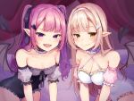  2girls blonde_hair breasts cleavage fang irone_(miyamiya38) original pointed_ears purple_hair tail wings yellow_eyes 