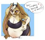  anthro antlers belly big_belly big_breasts blonde_hair bottomwear bra breasts clothing decent. female frustrated hair horn jackalope lagomorph long_ears mammal pregnant shorts solo unborn_kicking underwear wide_hips 