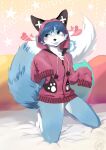  &lt;3 2016 ambiguous_gender anthro aurora_(auroralights) bed big_tail black_nose blep blue_body blue_eyes blue_fur blue_hair blue_tongue blush bottomless canid canine cheek_tuft chest_tuft clothed clothing facial_tuft fangs fluffy fluffy_tail fox fur furniture hair hi_res hoodie hoodie_only kazie-ru kneeling mammal multicolored_body multicolored_fur red_clothing smile solo sweater sweater_only tongue tongue_out topwear topwear_only tuft two_tone_body two_tone_fur white_body white_fur 