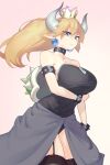  1girl absurdres bare_shoulders black_collar black_garter_straps black_legwear black_leotard blonde_hair blue_eyes bowsette bracelet breast_hold breasts brooch collar commentary_request earrings grey_skirt highres horns huge_breasts jewelry leotard long_hair long_skirt looking_at_viewer mario_(series) new_super_mario_bros._u_deluxe no_tail pointy_ears ponytail puk side_slit skirt solo spiked_armlet spiked_bracelet spiked_shell spikes standing strapless strapless_leotard studded_collar super_crown thighhighs thighs turtle_shell 