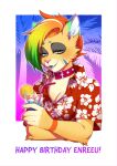  alcohol anthro beverage clothed clothing cocktail english_text female fur hair happy_birthday hawaiian hi_res looking_at_viewer michikochan multicolored_hair portrait rainbow_hair shirt simple_background smile solo text topwear 