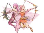  2girls arrow_(projectile) boots bow_(weapon) bridal_gauntlets dissidia_final_fantasy dissidia_final_fantasy_opera_omnia final_fantasy final_fantasy_v final_fantasy_xiii final_fantasy_xiii-2 gloves ichi_(pixiv6373491) lenna_charlotte_tycoon multiple_girls pink_hair serah_farron shawl side_ponytail skirt thighhighs weapon 