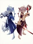  1boy 1girl alisaie_leveilleur alphinaud_leveilleur arm_behind_back back-to-back book boots braid braided_ponytail brother_and_sister carbuncle_(final_fantasy) crystal final_fantasy final_fantasy_xiv ichi_(pixiv6373491) jacket looking_at_viewer pointy_ears siblings silver_hair smile standing sword twins weapon 