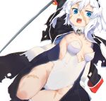  1girl absurdres blue_eyes breasts fate/grand_order fate_(series) highres long_coat mary_read_(fate) nanao_(aoyamahikari) playboy_bunny scar scar_on_face skull_and_crossbones small_breasts sword weapon white_background white_hair 
