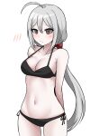  1girl absurdres ahoge arms_behind_back bangs bikini black_bikini blush bow breasts brown_eyes cleavage closed_mouth collarbone commentary_request cowboy_shot danganronpa_(series) grey_hair hair_between_eyes hair_bow highres honyang long_hair looking_at_viewer low_ponytail medium_breasts navel red_bow side-tie_bikini simple_background solo sora_(super_danganronpa_another_2) super_danganronpa_another_2 swimsuit white_background 