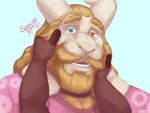  2021 anthro asgore_dreemurr beard blonde_hair blue_eyes bodily_fluids body_hair boss_monster bovid bust_portrait caprine caress caressing_face chest_hair crying duo eyebrows facial_hair flower_shirt fur goat hair hand_on_face heterochromia horn long_hair male mammal mature_male mustache open_mouth portrait raised_eyebrows red_eyes sad signature simple_background spectral-bat tears teeth undertale video_games white_body white_fur 