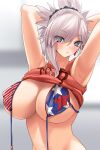  1girl american_flag_bikini armpits arms_behind_head arms_up bangs bikini blue_eyes blush breasts earrings fate/grand_order fate_(series) flag_print gachou heroic_spirit_traveling_outfit highres jewelry large_breasts long_hair looking_at_viewer miyamoto_musashi_(fate) pink_hair ponytail red_tank_top shirt_lift swept_bangs swimsuit tank_top 