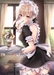  1girl absurdres apron artoria_pendragon_(all) bangs blonde_hair blush breasts commentary_request cowboy_shot eyebrows_visible_through_hair fate/stay_night fate_(series) food frills hair_ribbon highres holding indoors leg_garter long_hair looking_at_viewer looking_back maid maid_headdress nakaji_(user_snap3353) puffy_sleeves ribbon saber_alter short_sleeves solo thighhighs white_apron white_legwear window wrist_cuffs 