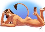  anthro brown_hair butt dante_(elcondedeleon) eyewear felid feralise fur glasses hair hindpaw lion long_hair looking_at_viewer male mammal nude pantherine pawpads paws smile solo tail_tuft tan_body tan_fur tuft 