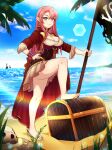  absurdres azur_lane barefoot breasts cleavage commission commissioner_upload duke_of_york_(azur_lane) earrings flag highres holding holding_flag huge_filesize jewelry looking_at_viewer maiulive ocean pink_hair pirate_costume pointy_ears sand skull smile thighs treasure_chest 