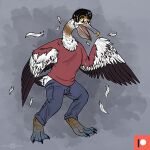  1:1 anthro avian beak bird bottomwear claws clothed clothing feathered_wings feathers fully_clothed hi_res human keetahspacecat long_neck male mammal membrane_(anatomy) mid_transformation open_beak open_mouth pants pelecaniform pelican shirt solo species_transformation t-shirt tail_feathers topwear transformation webbed_feet wings 