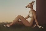  2018 against_tree anthro blue_eyes breasts brown_body brown_fur casual_nudity cervid cloven_hooves eyelashes female fenn.perrox fur grass hooves mammal nipples nude outside plant short_tail sitting smile solo tree 