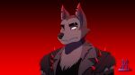  16:9 2021 anthro canid canid_demon canine canis clothing demon eye_scar facial_scar fur gradient_background hellhound helluva_boss male mammal muscular muscular_anthro muscular_male rearmeddreamer red_background scar simple_background solo spikes torn_clothing vortex_(vivzmind) widescreen wolf 