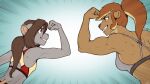  16:9 anthro back_muscles beaver biceps bra breast_size_difference breasts brown_hair cinn_delafontaine clothing competition duo female flexing grin hair mammal mouse murid murine muscular muscular_female ponytail rodent sam_rodoric smile sports_bra t-kay teeth underwear widescreen 