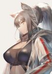  1girl absurdres animal_ears arknights black_scarf breasts cat_ears cleavage commentary crop_top grey_background grey_eyes highres ioriwu8 jacket large_breasts long_hair midriff open_clothes open_jacket profile scarf schwarz_(arknights) silver_hair simple_background solo white_jacket 