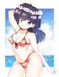  1girl bikini black_eyes black_hair breasts cleavage commentary_request cowboy_shot derivative_work floral_print front-tie_top highres higurashi_kagome inuyasha looking_at_viewer medium_breasts motobi_(mtb_umk) pink_bikini solo standing swimsuit 