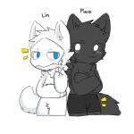  1:1 ambiguous_gender anthro black_body black_fur blue_eyes blush bottomwear canid canine canis changed_(video_game) chano clothing crossed_arms fur lin_(changed) male mammal mask name_tag puro_(changed) shorts simple_background white_background white_body white_fur wolf 