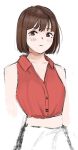  1girl agent_aika aika_(series) alternate_costume azelweien bangs bare_shoulders belt black_delmo breasts brown_eyes brown_hair closed_mouth collarbone cropped_torso looking_at_viewer pants red_shirt rika_(agent_aika) shirt short_hair sketch sleeveless traditional_media 