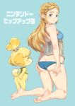  2girls animal_crossing animal_ears ass barefoot bikini bikini_bottom bikini_top blonde_hair bottomless braid butt_crack company_connection crossover crown_braid dog_ears dog_girl dog_tail green_eyes highres isabelle_(animal_crossing) long_hair looking_at_viewer looking_back multiple_girls muuten nintendo no_panties pointy_ears princess_zelda swimsuit tail the_legend_of_zelda the_legend_of_zelda:_breath_of_the_wild toes topknot 